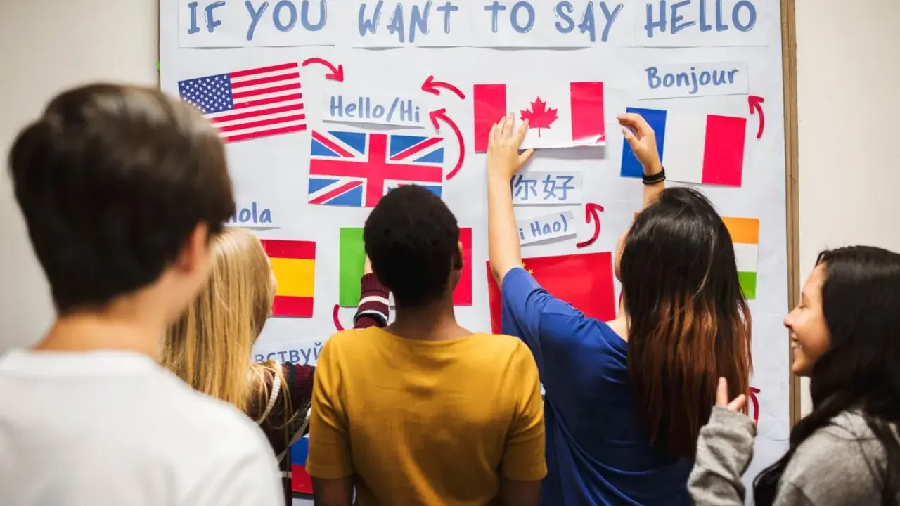 Uczniowie przy tablicy z flagami i napisami: "IF YOU WANT TO SAY HELLO". Rozwiązują zadanie, które może zawierać 10 pytań po angielsku.