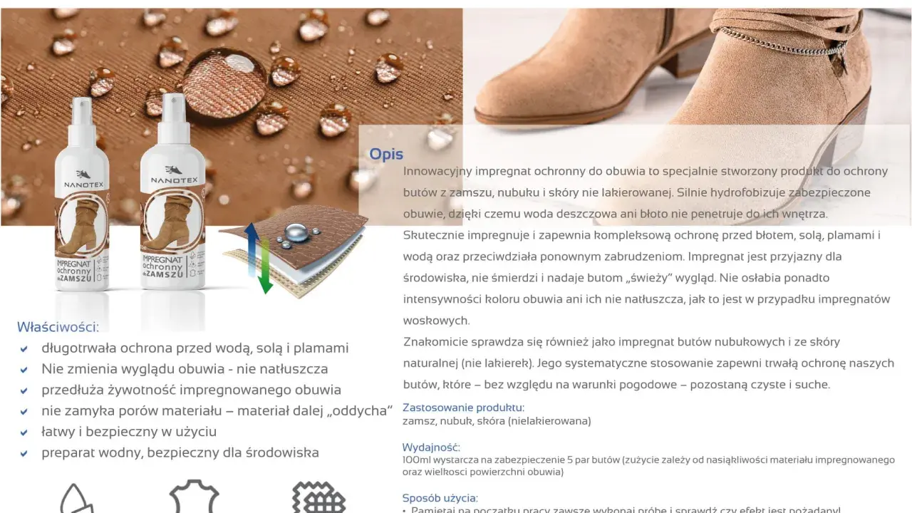Impregnacja zamszu Nanotex chroni buty przed wodą, solą i plamami, zachowując ich wygląd i "oddychanie".