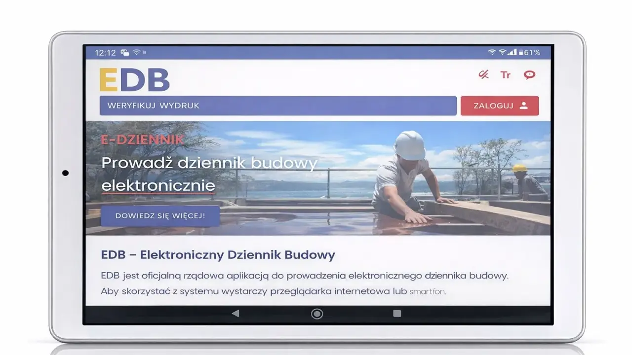 Tablet wyświetla stronę EDB - Elektroniczny Dziennik Budowy. Pracownicy w kaskach pracują na budowie.