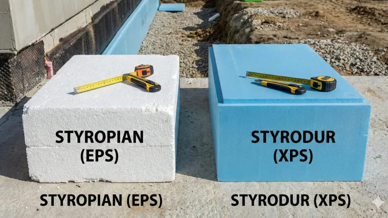 Biały styropian (EPS) i niebieski styrodur (XPS) leżą obok siebie. Miarka i nożyk pokazują, że oba materiały mają podobne właściwości izolacyjne.