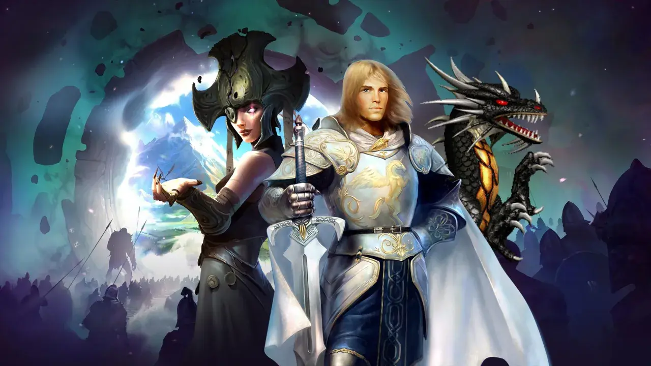 Rycerz, kobieta w hełmie i smok stoją na tle armii. Klimat jak w grach podobnych do Heroes 3.
