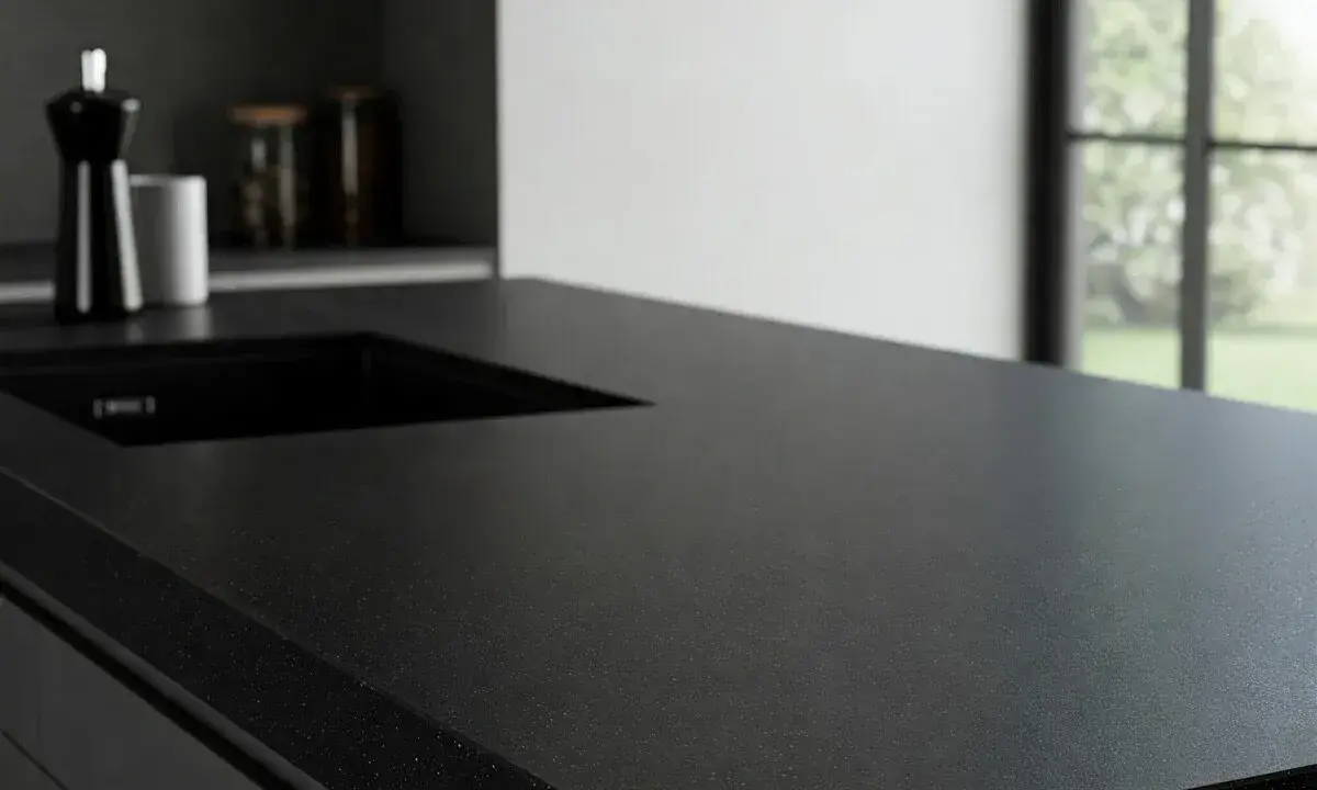 Ciemny, lśniący blat kuchenny z wycięciem na zlew. Dowiedz się, czym czyścić blaty kuchenne, by zachować ich piękny wygląd.