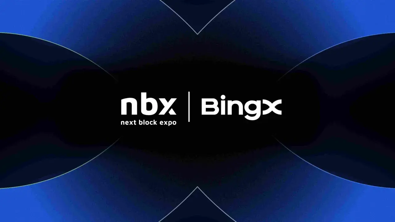 Logo NBX i BingX na tle grafiki z napisem "next block expo".