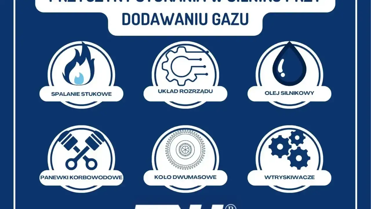 Grafika przedstawia przyczyny stukania w silniku przy dodawaniu gazu: spalanie stukowe, układ rozrządu, olej silnikowy, panewki korbowodowe, koło dwumasowe i wtryskiwacze.
