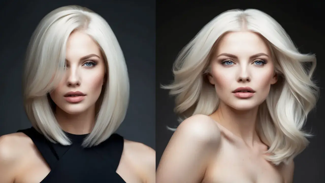 Zwei Porträts einer Frau mit platinblonden Haaren. Links trägt sie einen schwarzen Ausschnitt, rechts ist sie schulterfrei.