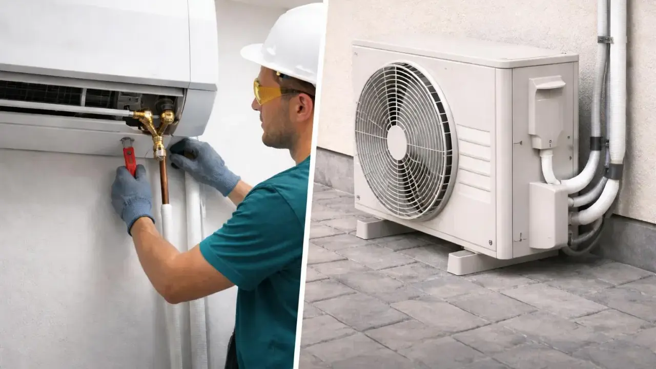 Técnico realiza la **conexión de tubos de aire acondicionado** a la unidad interior. Al lado, la unidad exterior con sus tubos.