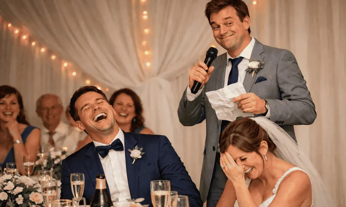 Un hombre da un discurso gracioso para bodas de oro, mientras la pareja ríe a carcajadas.