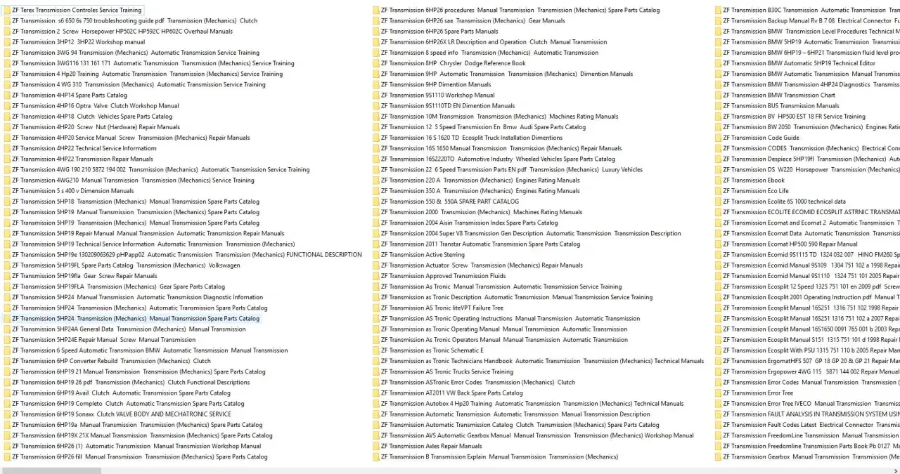 Liste de manuels pour transmissions ZF, incluant des guides de réparation, catalogues de pièces et informations techniques.