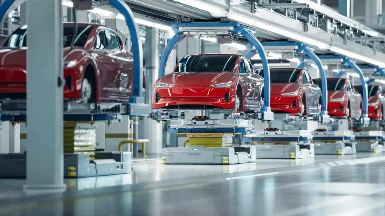 Línea de montaje de coches eléctricos rojos. Aunque se diga que los coches eléctricos no contaminan, su producción genera un impacto.