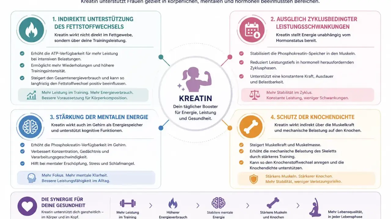 Kreatin ist gesund und unterstützt Frauen ganzheitlich: mehr Leistung, mentale Energie, Zyklusstabilität und Knochenschutz.