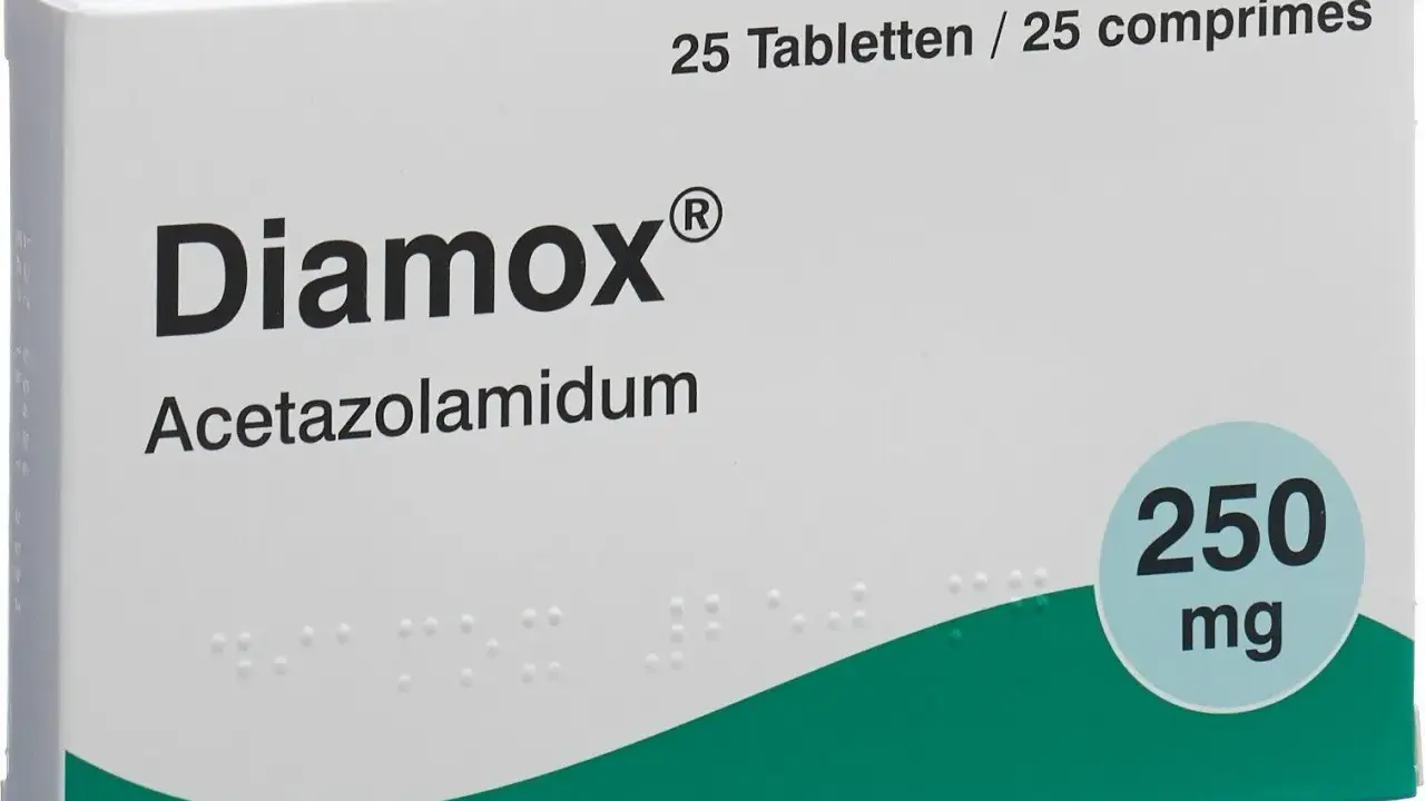 Förpackning med Diamox (acetazolamid) 250 mg tabletter. Läs bipacksedeln för information om eventuella diamox biverkningar.