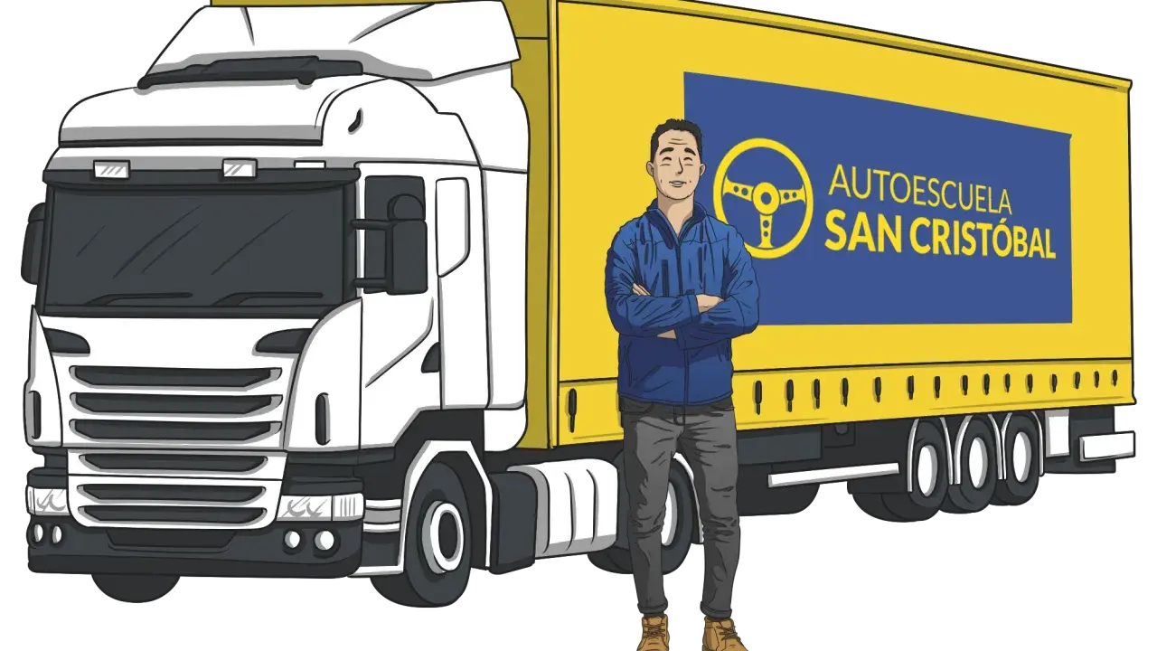 Hombre sonriente junto a un camión amarillo con logo de autoescuela. ¿Cuánto cuesta el carnet de trailer?