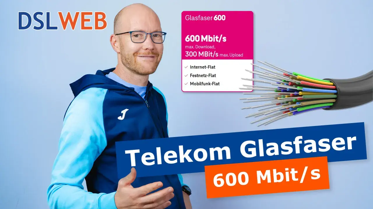 Mann mit Brille wirbt für Telekom Glasfaser 600 Mbit/s. Schnelles Internet für alle.
