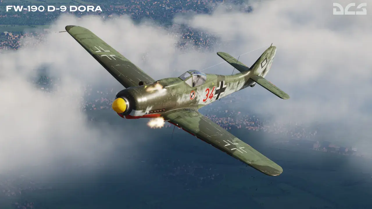 Grünes FW-190 D-9 DORA-Jagdflugzeug im Flug, mit sichtbaren Schüssen und einem Dorf unter den Wolken.