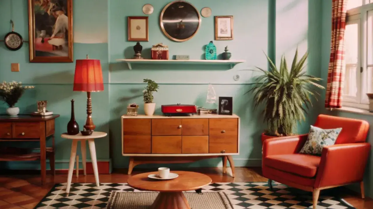 Salon w stylu retro inspiracje: pomarańczowy fotel, drewniana komoda, lampa i czarno-biała szachownica na podłodze.