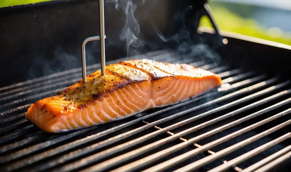 En saftig laxfilé grillas med en termometer instucken för att säkerställa perfekt innertemp lax. Röken stiger från den gyllene fisken.