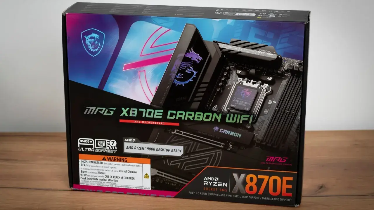Pudełko płyty głównej MSI MAG X870E CARBON WIFI, gotowej na procesory AMD RYZEN™ 9000, idealne dla entuzjastów komputerów z procesorami Ryzen 3000.