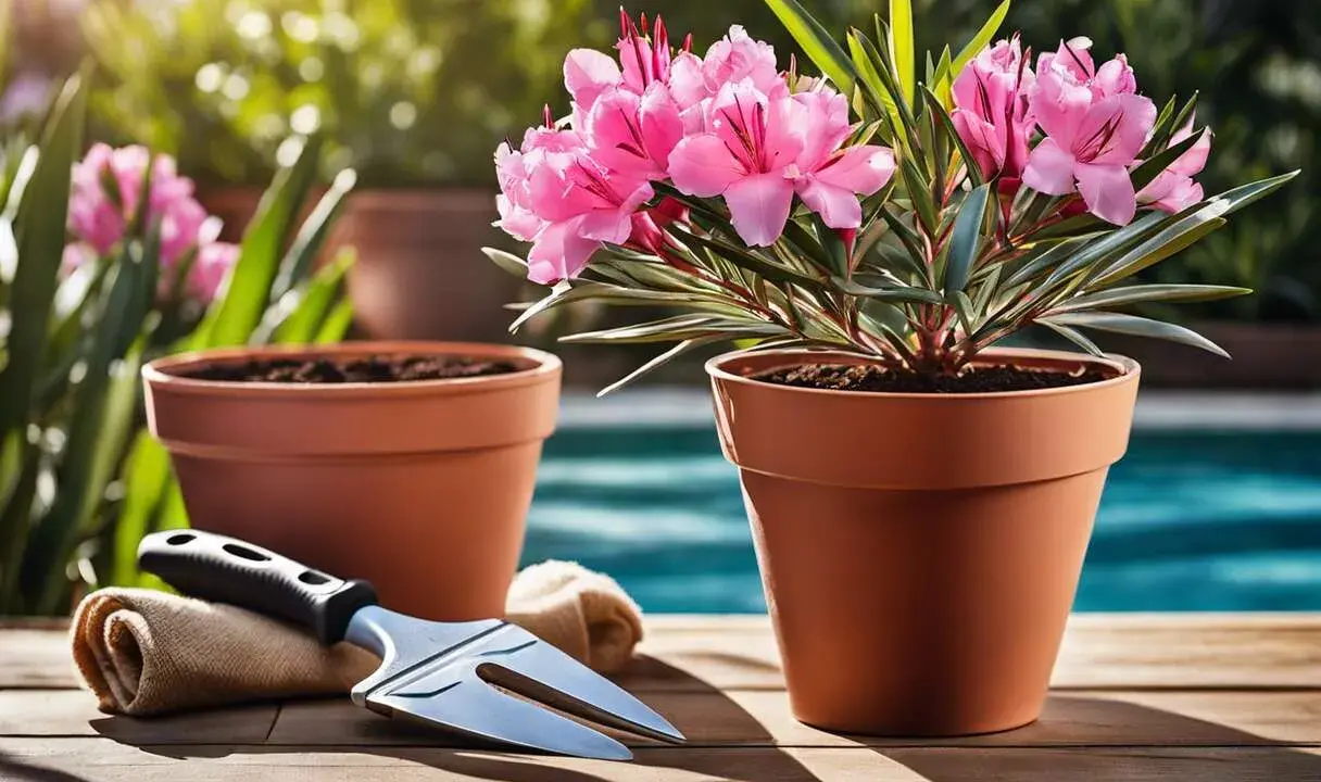 Un magnifique laurier en pot, prêt à être planté, avec des fleurs roses éclatantes. Un outil de jardinage et un autre pot vide sont à proximité.