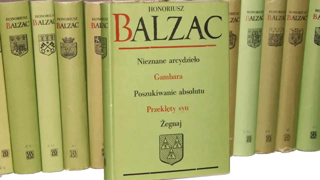 Książki z cyklu "Balzac. Komedia ludzka". Na okładce środkowego tomu tytuły: "Nieznane arcydzieło", "Gambara", "Poszukiwanie absolutu", "Przeklęty syn", "Żegnaj".