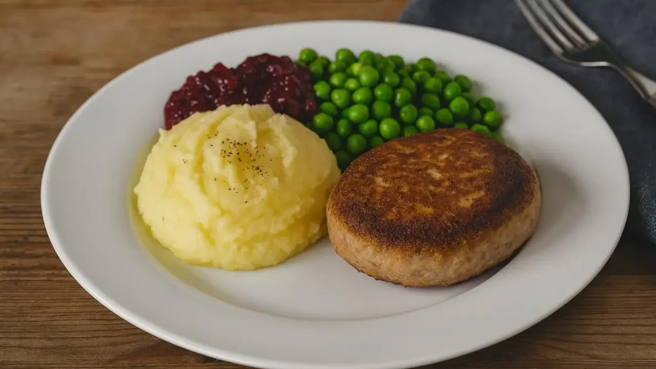 En tallrik med en gyllene Wallenbergare, potatismos, lingonsylt och gröna ärtor. Ett klassiskt svenskt recept!