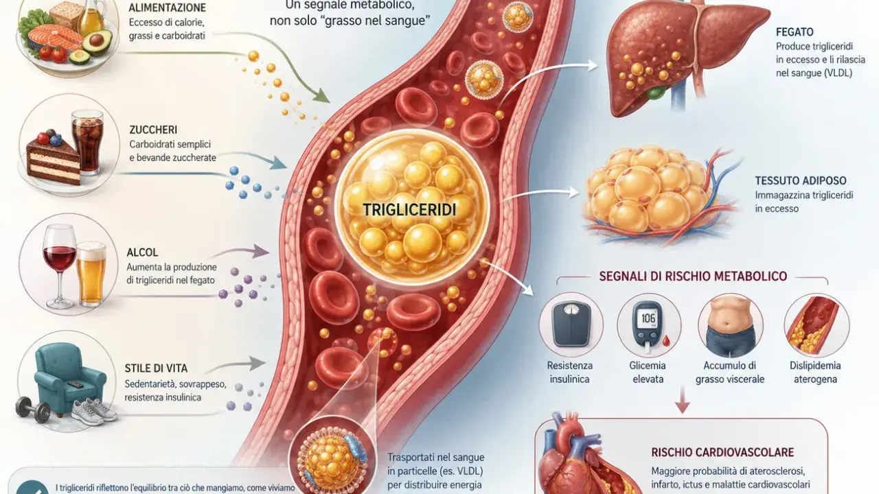 I trigliceridi alti, legati a dieta, alcol e stile di vita, possono portare a dislipidemia e rischio cardiovascolare, ma non direttamente a un tumore.
