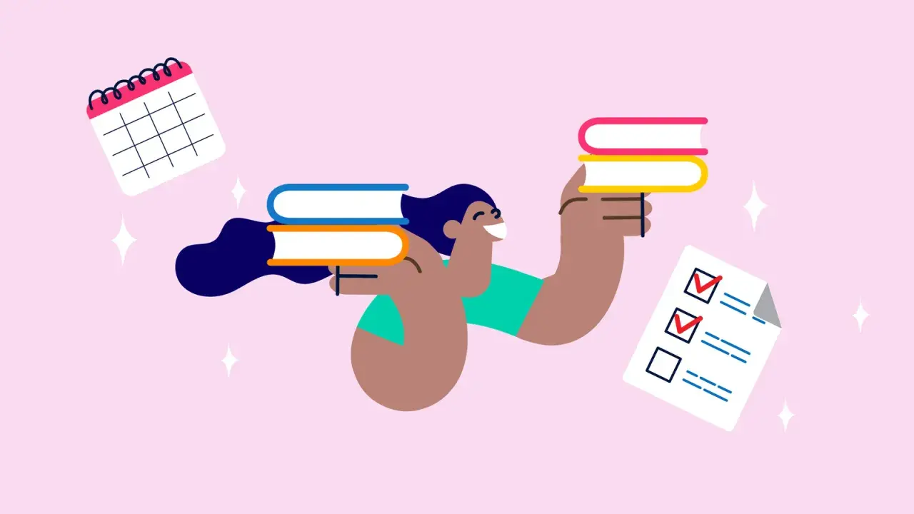 Glückliche Person mit Büchern und Kalender, bereit für den Abitur Abschluss. Checkliste zeigt erledigte Aufgaben.