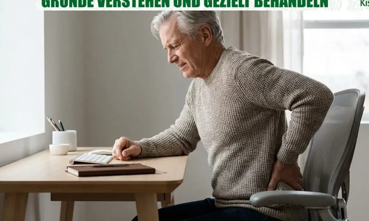 Älterer Mann mit schmerzen beim sitzen am Schreibtisch, hält sich den Rücken.