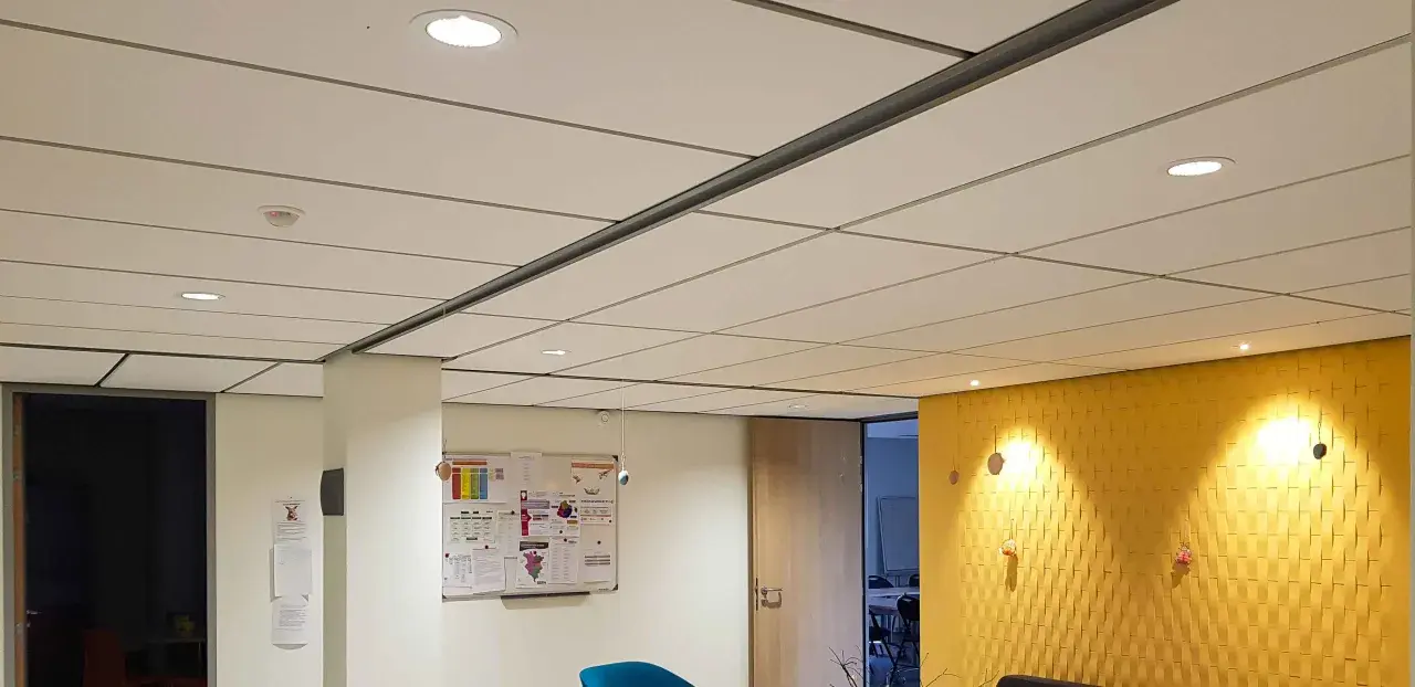 Plafond fibralith blanc, discret, avec des spots lumineux intégrés. Une ambiance moderne et épurée.