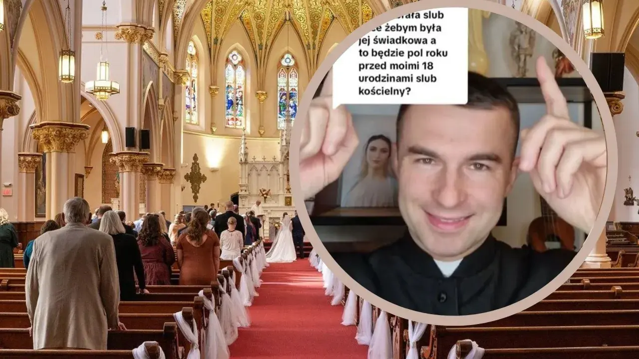 W kościele trwa ślub. W okręgu ksiądz odpowiada na pytanie: "kto nie może być świadkiem na ślubie kościelnym?".