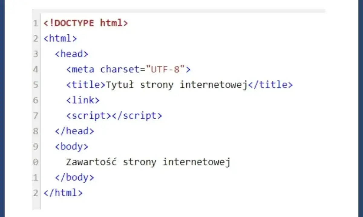 Fragment kodu HTML, który definiuje podstawową strukturę strony internetowej. Widoczny jest formularz HTML z tagami.