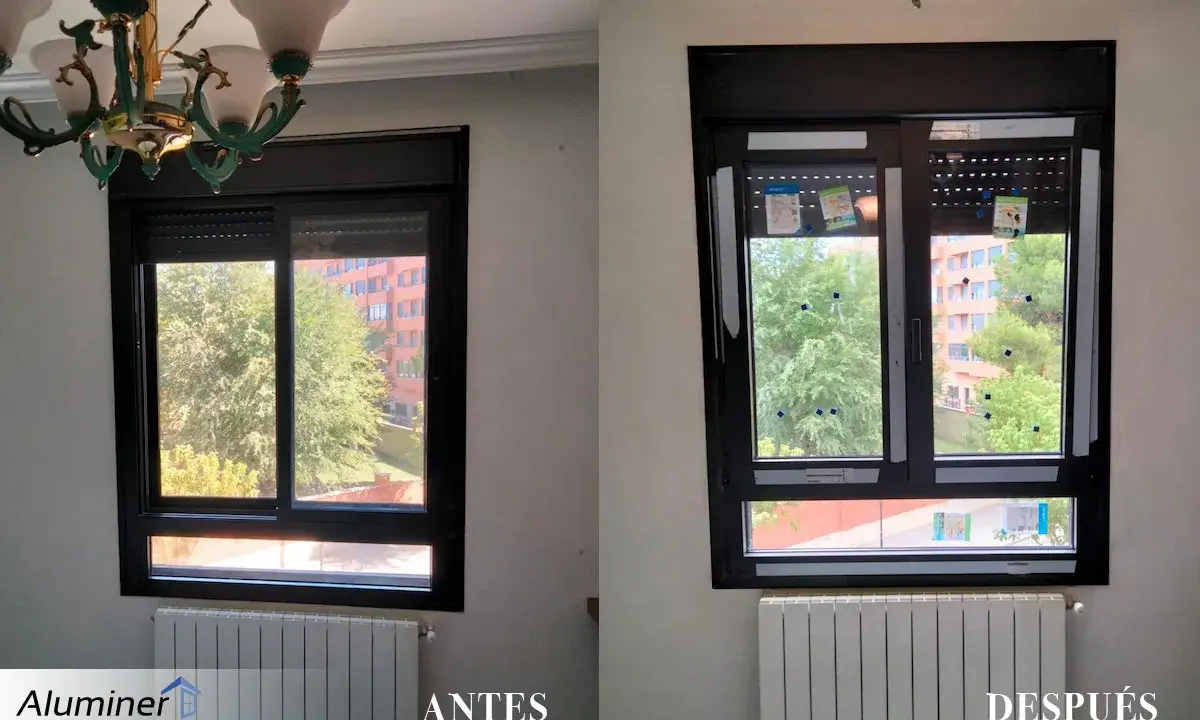 Comparativa de una ventana sin obra: antes y después. La nueva ventana mejora la estética y funcionalidad.