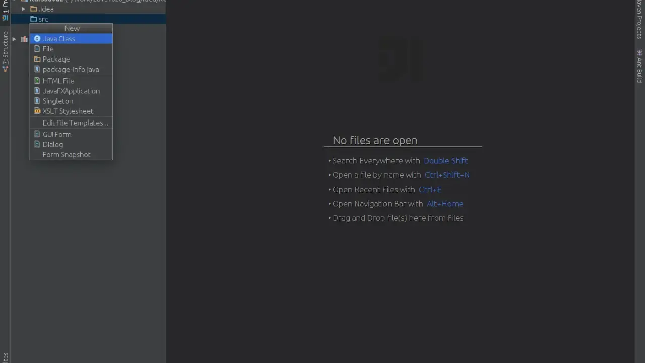 Menu kontekstowe w IntelliJ IDEA, opcja "Singleton" dla tworzenia klasy wzorca singleton java.