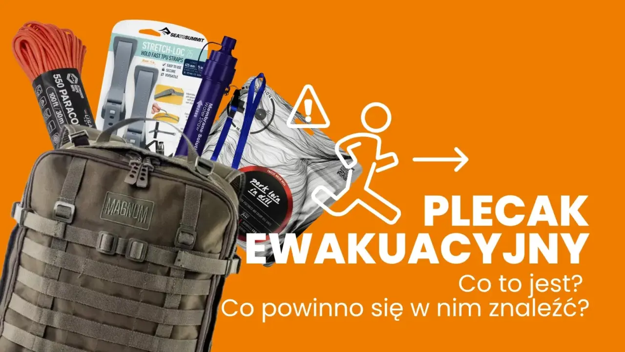 Gotowy zestaw ucieczkowy: plecak Magnum, linka paracord, filtr do wody, pasy i liofilizowany posiłek.