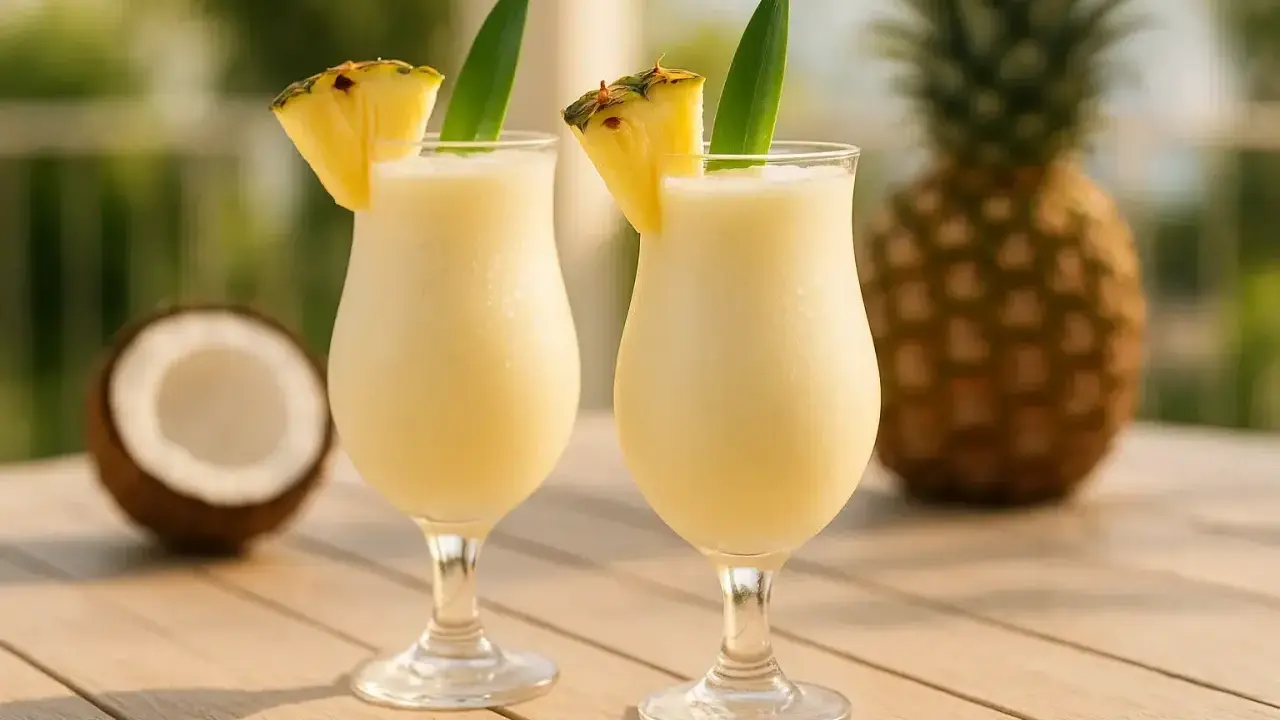 Deux verres de pina colada sans alcool, décorés d'ananas, avec un ananas et une noix de coco en arrière-plan.