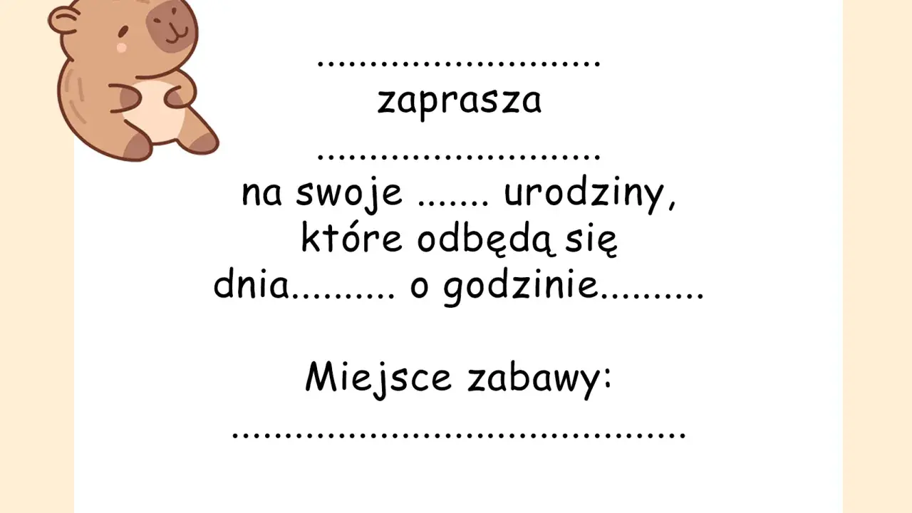 Urocze zaproszenie na urodziny dziecka do druku z misiem. Zaprasza na swoje urodziny, podaj datę, godzinę i miejsce zabawy.