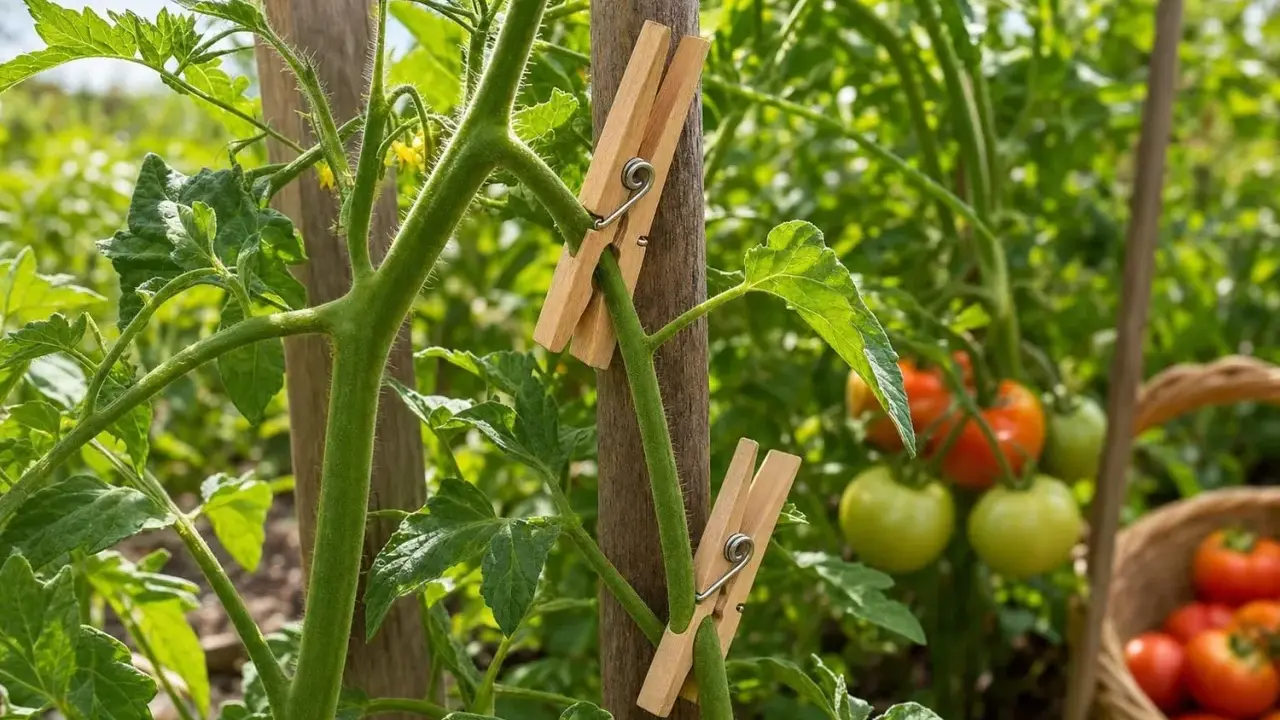Comment tuteurer les tomates : des pinces à linge en bois fixent une tige de tomate à un tuteur en bois, avec des tomates mûres en arrière-plan.