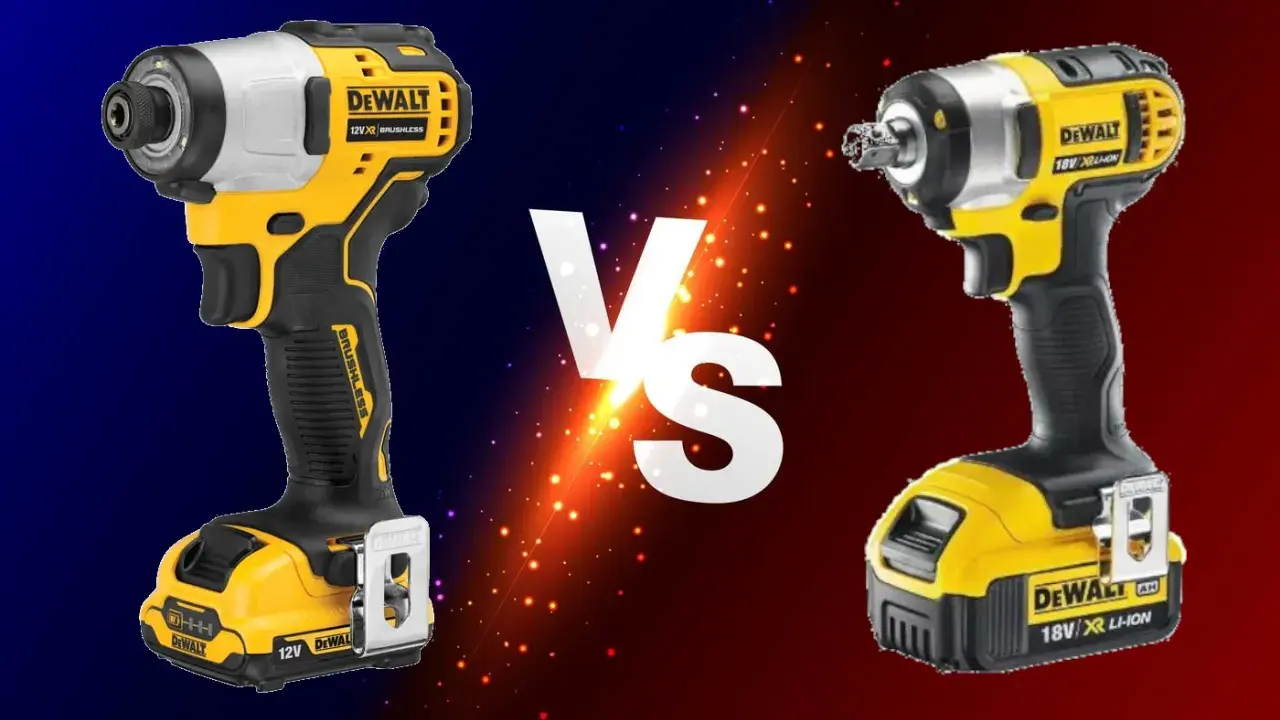 Wkrętarka DeWalt 12V vs zakrętarka DeWalt 18V. Dwa elektronarzędzia DeWalt, jedno mniejsze, drugie większe, gotowe do pracy.