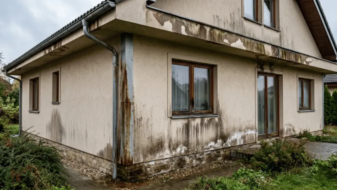 Brudne ślady po deszczu na elewacji, gdzie woda cieknie po ścianie, tworząc nieestetyczne zacieki.