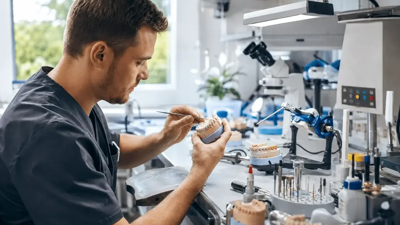 Precyzyjny **technik dentystyczny** pracuje nad modelem szczęki, tworząc idealny uśmiech.