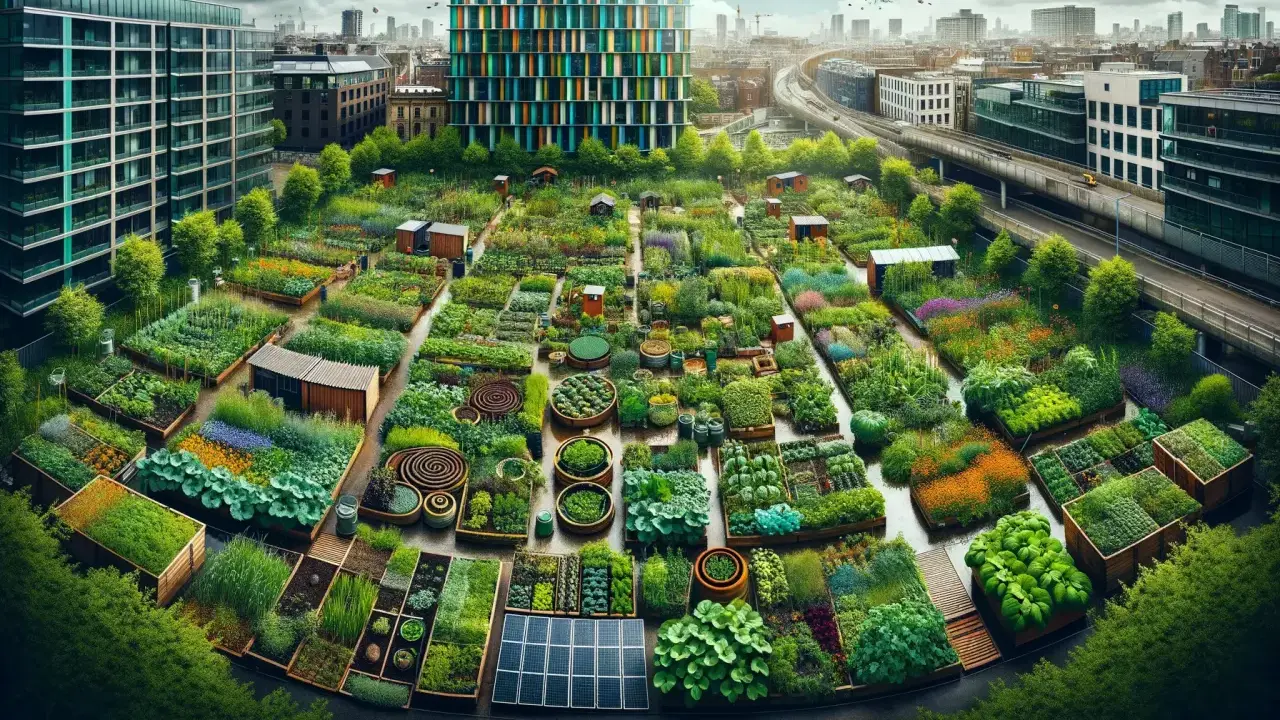 Grüne Oasen inmitten der Stadt: Ein lebendiges Beispiel für urbane Landwirtschaft mit Gemüsebeeten, Blumen und Solarpaneelen.