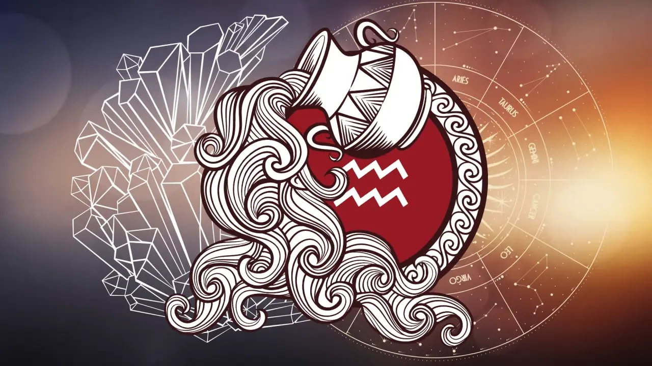 Symbol wodnika znaku zodiaku, z dzbanem i falami, na tle kryształów i koła zodiaku.