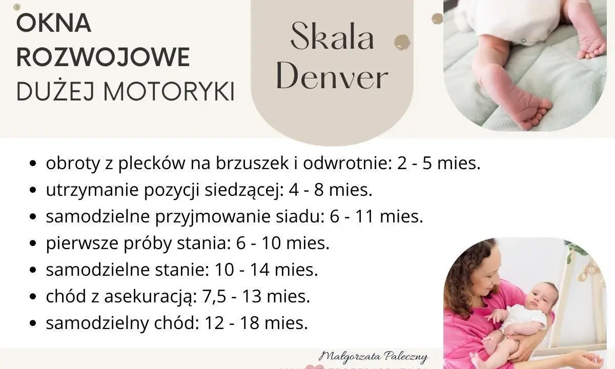 Skala Denver: okna rozwojowe dużej motoryki, od obrotów do samodzielnego chodu. Każdy etap to ważny szósty skok rozwojowy.