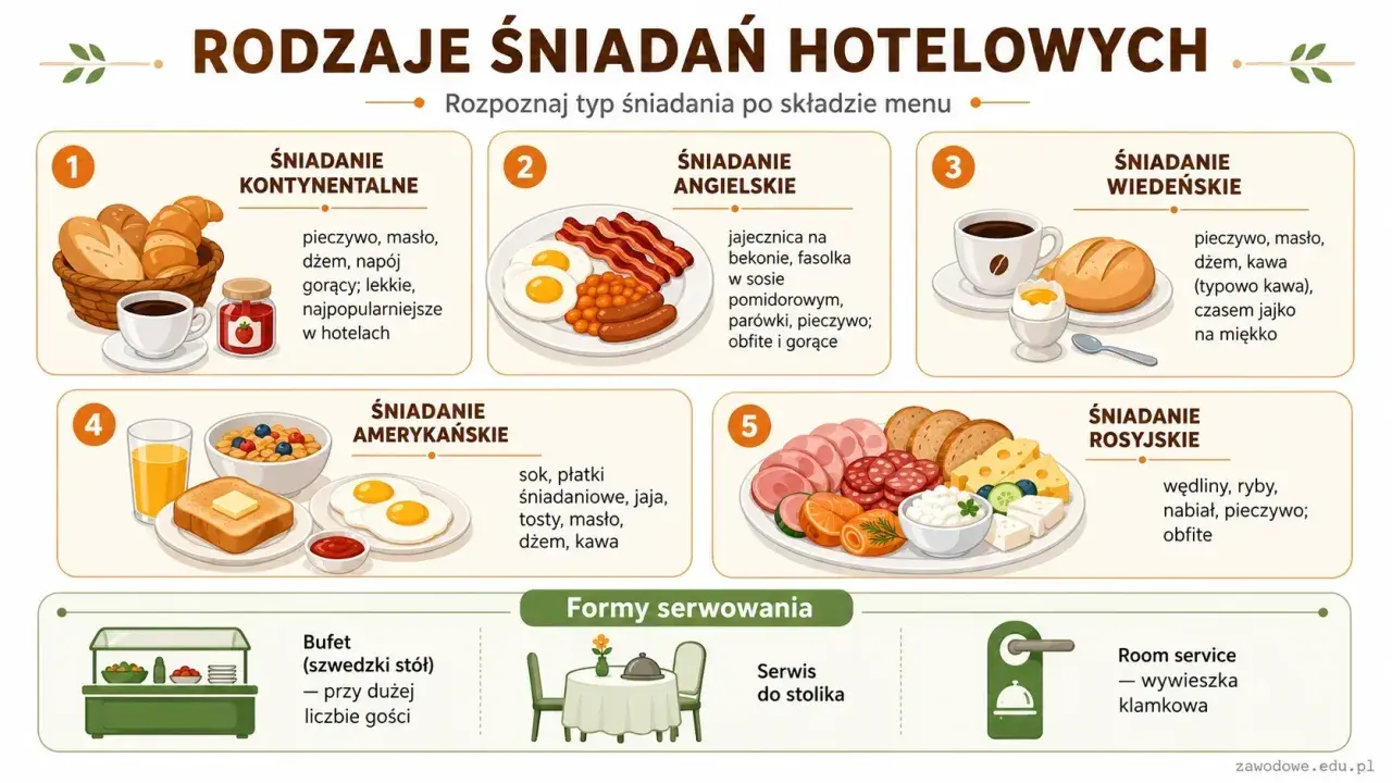 Rodzaje śniadań hotelowych: kontynentalne, angielskie, wiedeńskie, amerykańskie, rosyjskie. Formy serwowania: bufet, serwis do stolika, room service.