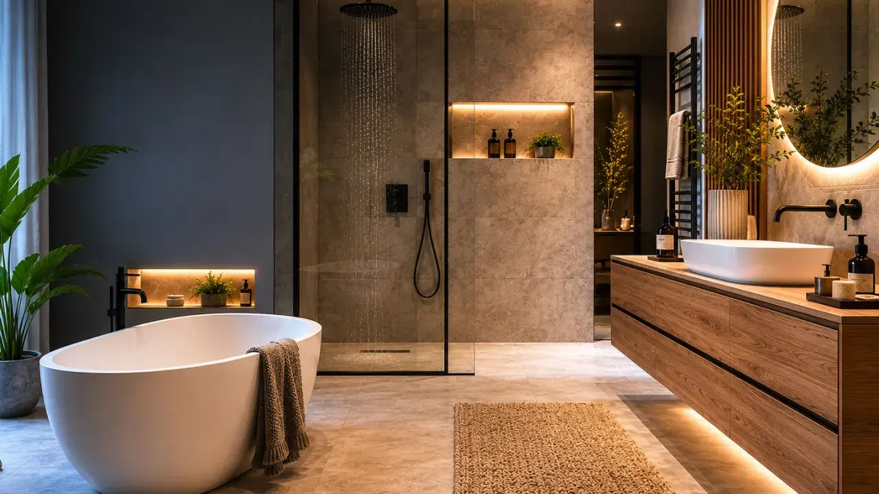 Bagno moderno con vasca freestanding, doccia a pioggia e mobile lavabo in legno. Idee per come arredare un bagno con stile e funzionalità.