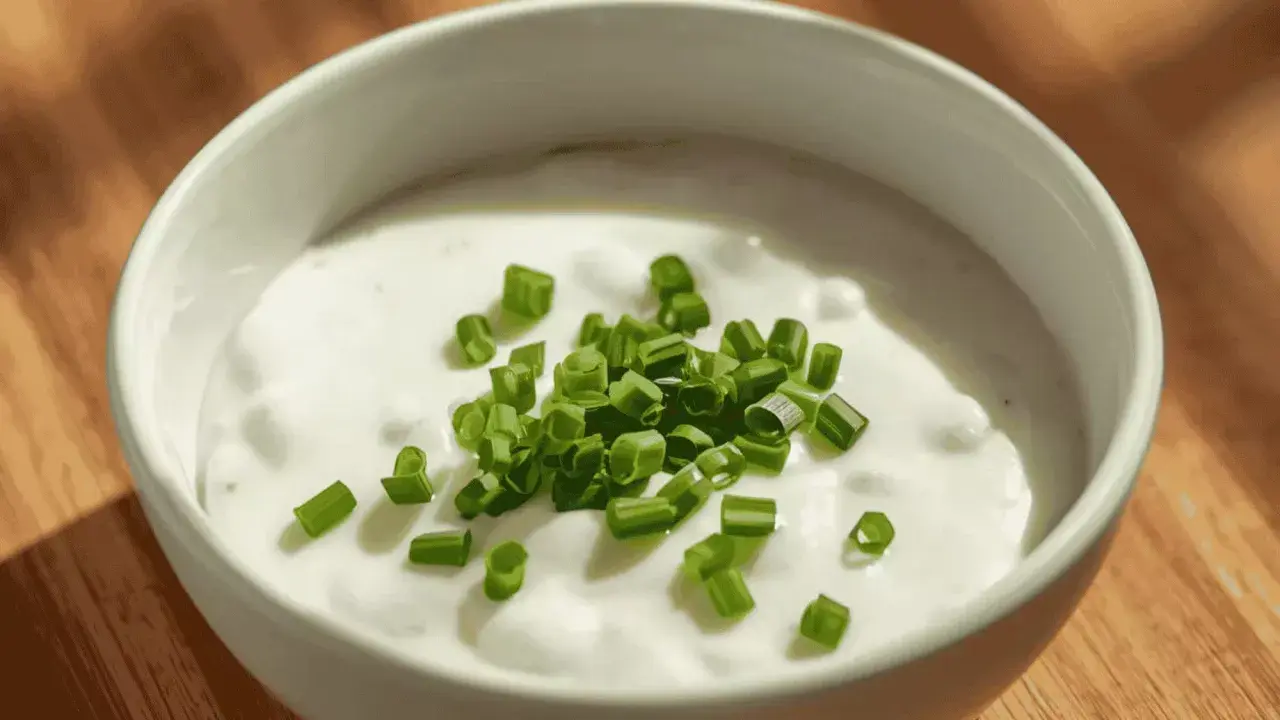 Sauce fromage blanc ciboulette, une touche de fraîcheur verte sur une base crémeuse, prête à sublimer vos plats.