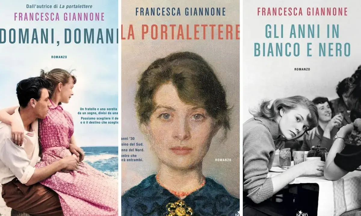 Copertine di libri di Francesca Giannone: "Domani, domani", "La portalettere" e "Gli anni in bianco e nero".