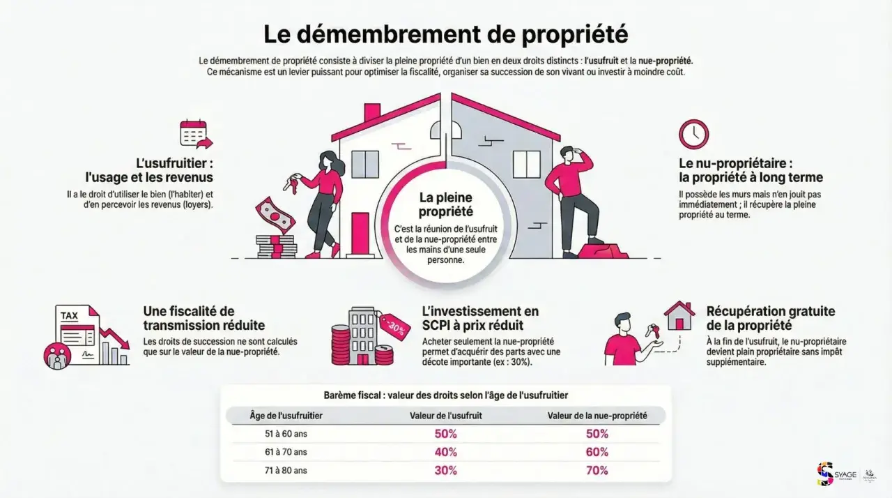 Schéma expliquant le démembrement de propriété, un exemple de sci familiale pour la succession. Il détaille l'usufruit, la nue-propriété et la pleine propriété.