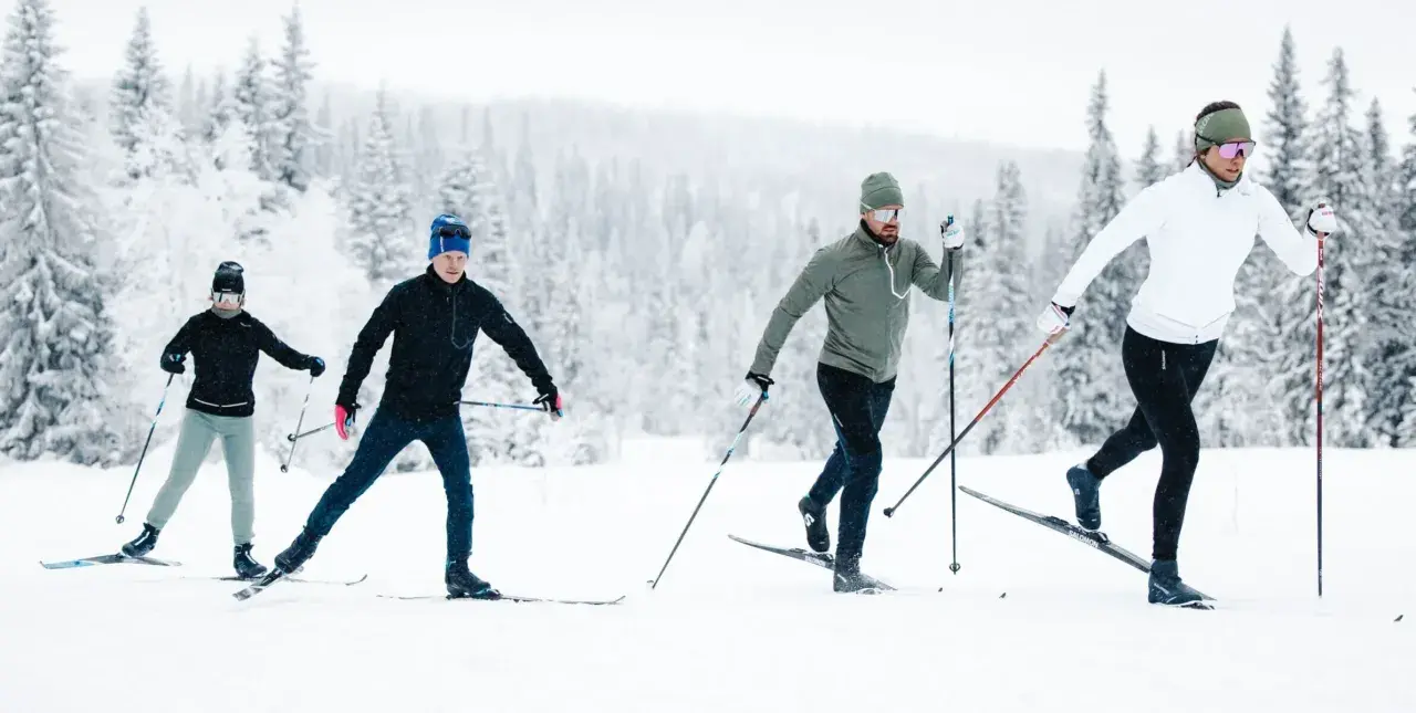 Fyra personer åker **långlopp skidor** i ett snöigt landskap med skog i bakgrunden.