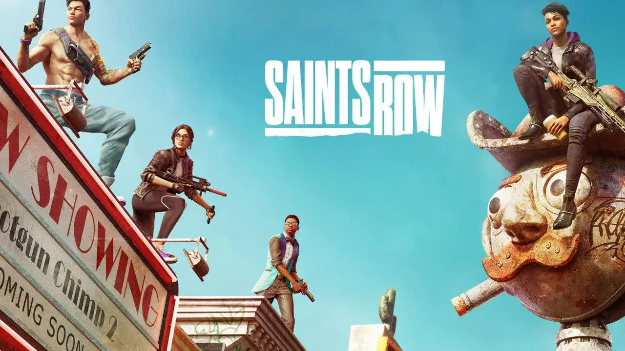 Postacie z gry Saints Row pozują z bronią na tle neonowego miasta.