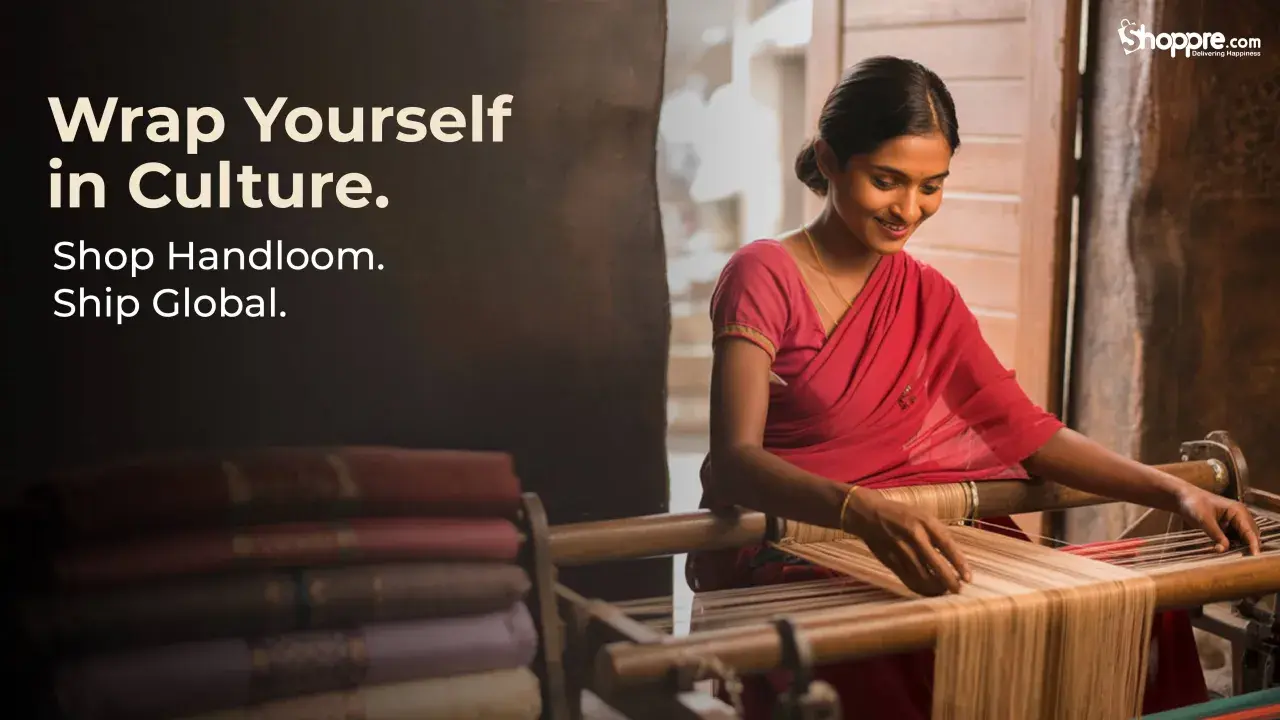 A woman in a red sari weaves on a loom, showcasing the rich tradition of handlooms of India. Stacked fabrics are visible.